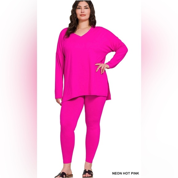New!LAST ONEPlus Size Neon hot pink Long Sleeve Top and Leggings Set Size 1X - Picture 1 of 4